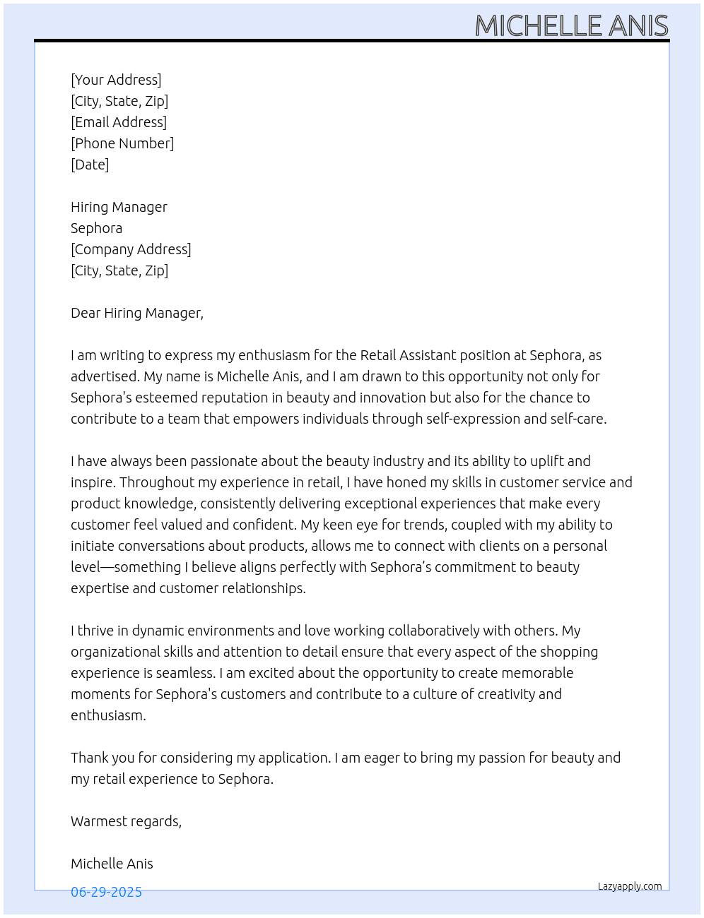 Retail Assistant  At Sephora Cover Letter