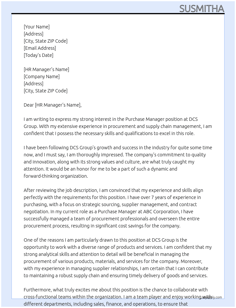 purchase manager At dcs group Cover Letter