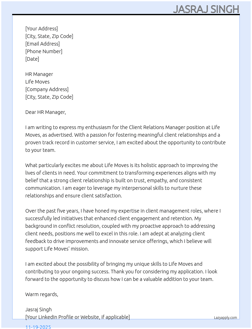 Client Relations Manager At Life Moves Cover Letter