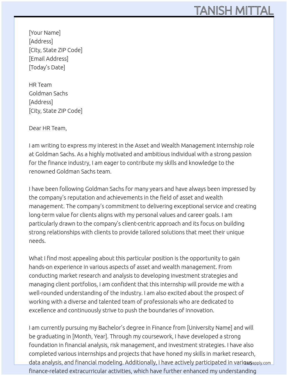 Asset and Wealth Management At Goldman Sachs Cover Letter