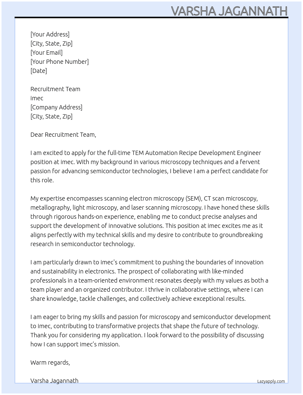 TEM Automation Recipe Development Engineer At imec  Cover Letter
