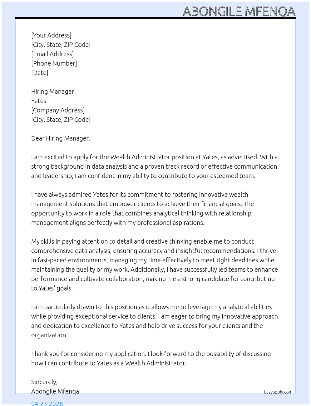 Wealth Administrator At Yates Cover Letter