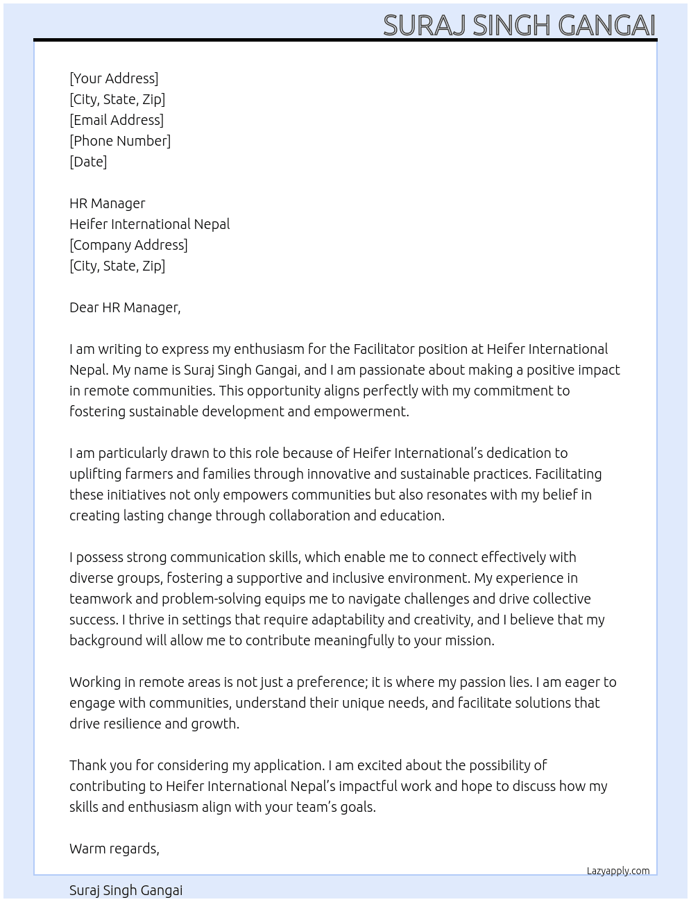 Facilitator At Heifer International Nepal Cover Letter
