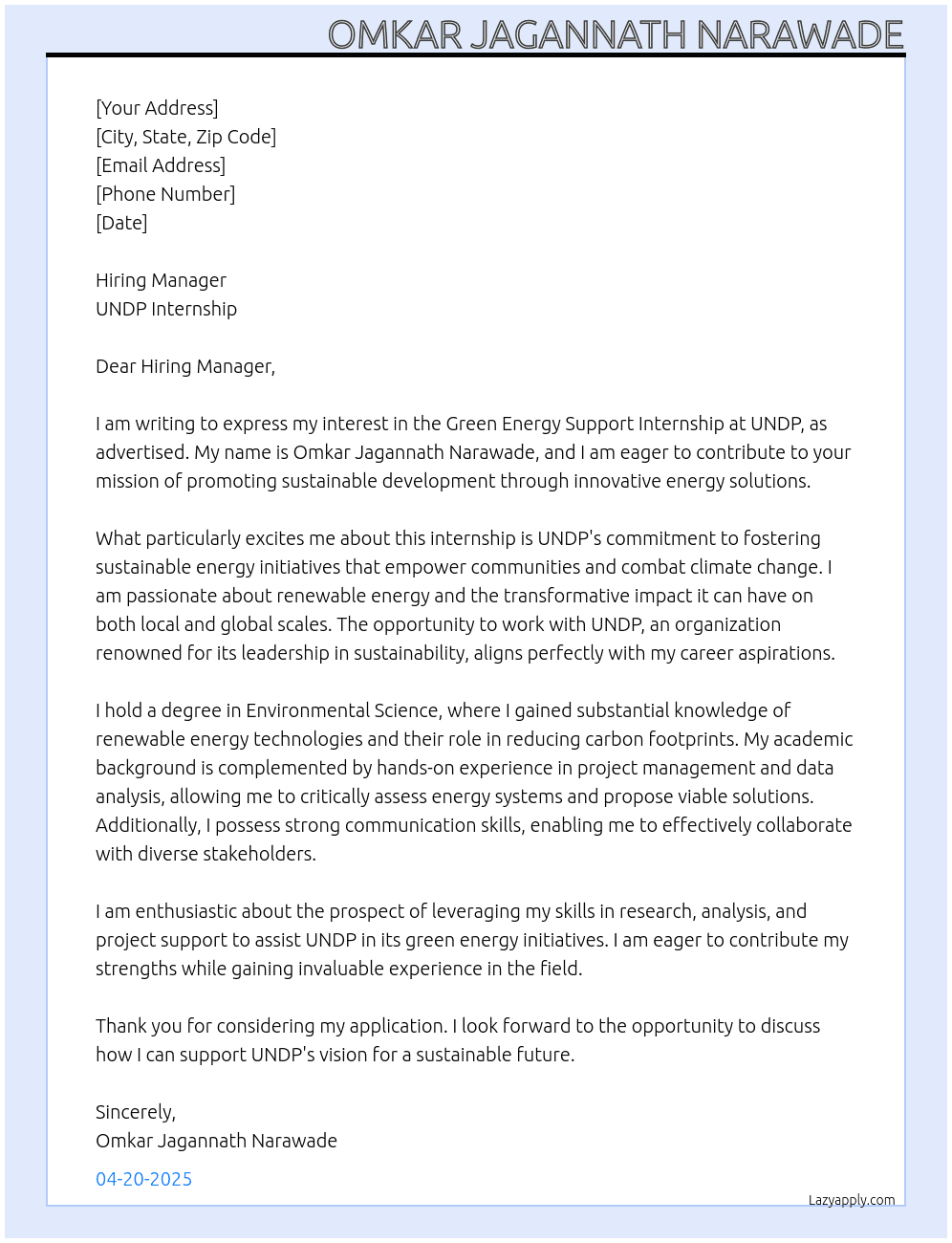 Green energy support intership  At UNDP intership  Cover Letter