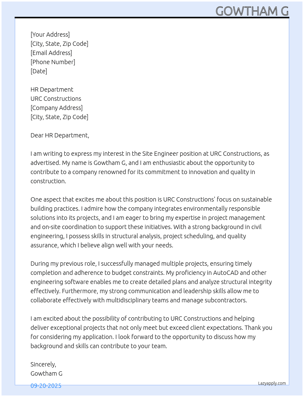site engineer At URC Constructions Cover Letter