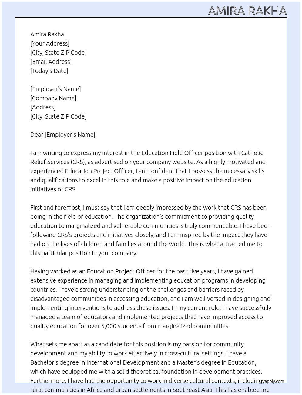 Education Field Officer At Catholic Relief Services (CRS) Cover Letter