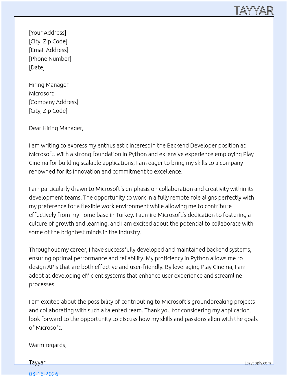 Backend developer At Microsoft Cover Letter