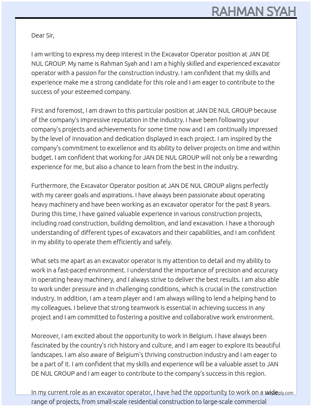 Excavator operator At JAN DE NUL GROUP Cover Letter