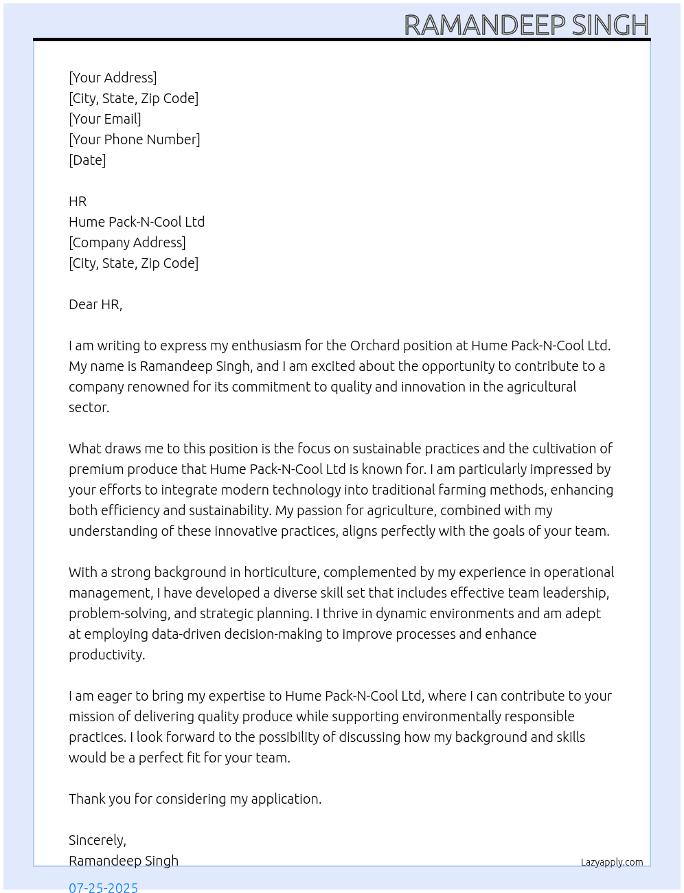 Cover letter for orchard - LazyApply