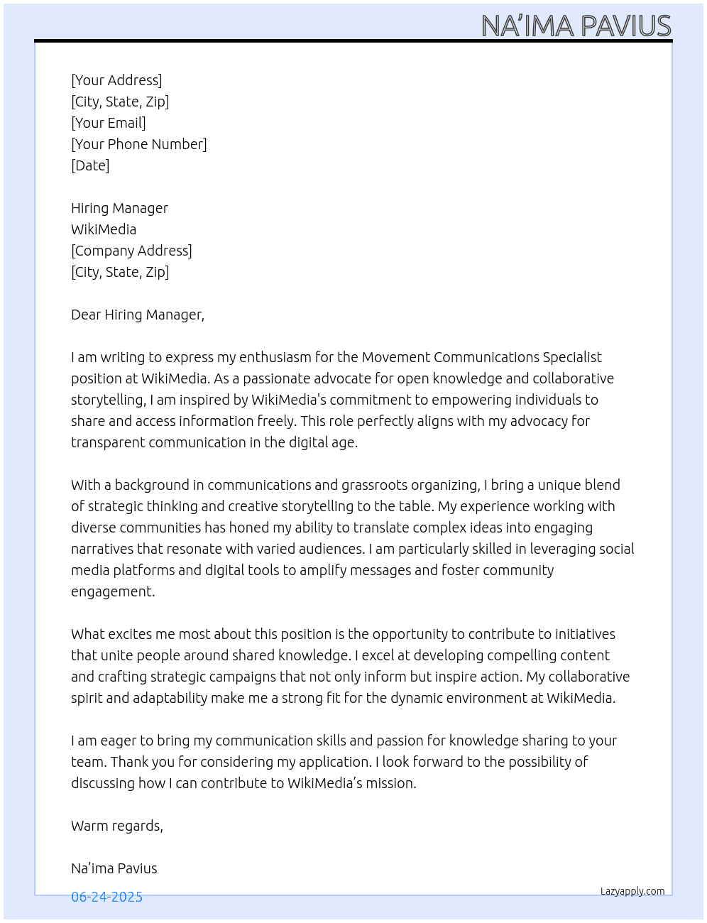 Movement Communications Specialist At WikiMedia Cover Letter