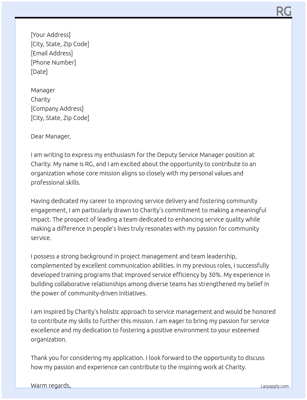 Cover letter for deputy service manager - LazyApply