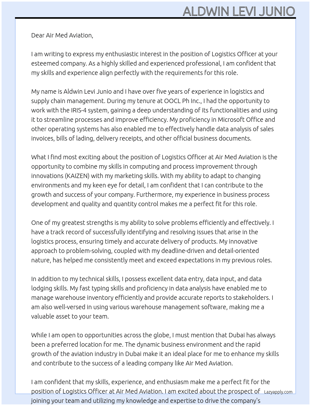 logistics officer At Air Med Aviation Cover Letter