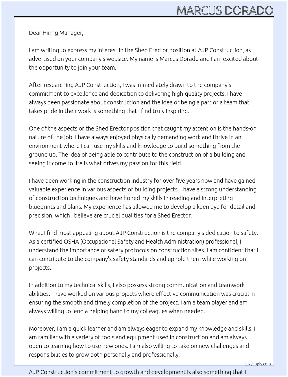 Shed Erector At AJP Construction Cover Letter