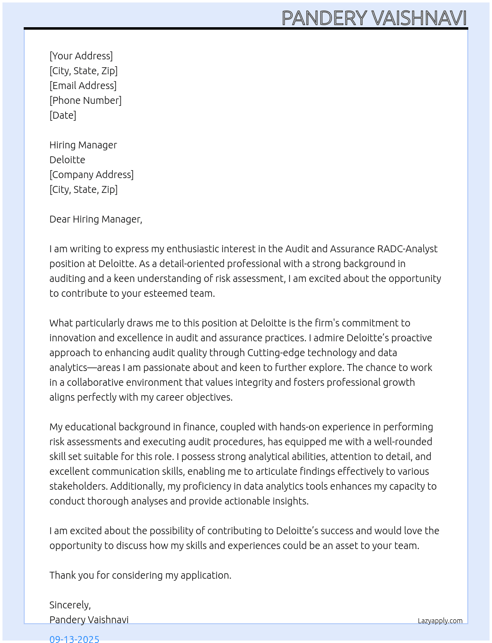 Cover letter for audit and assurance radc-analyst - LazyApply