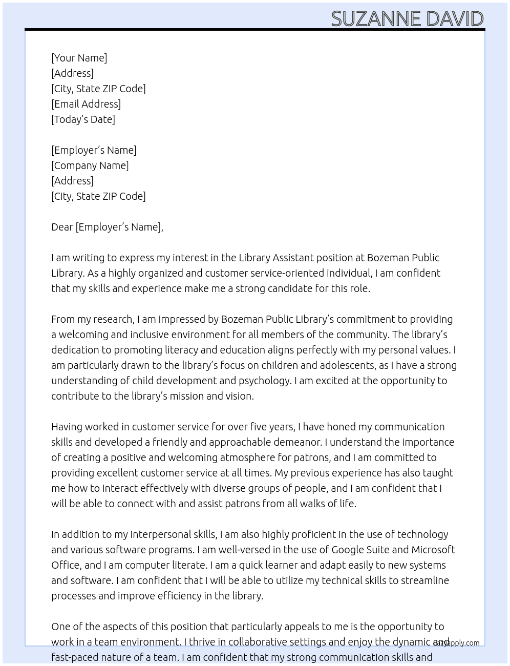 Library Assistant At Bozeman Public Library Cover Letter