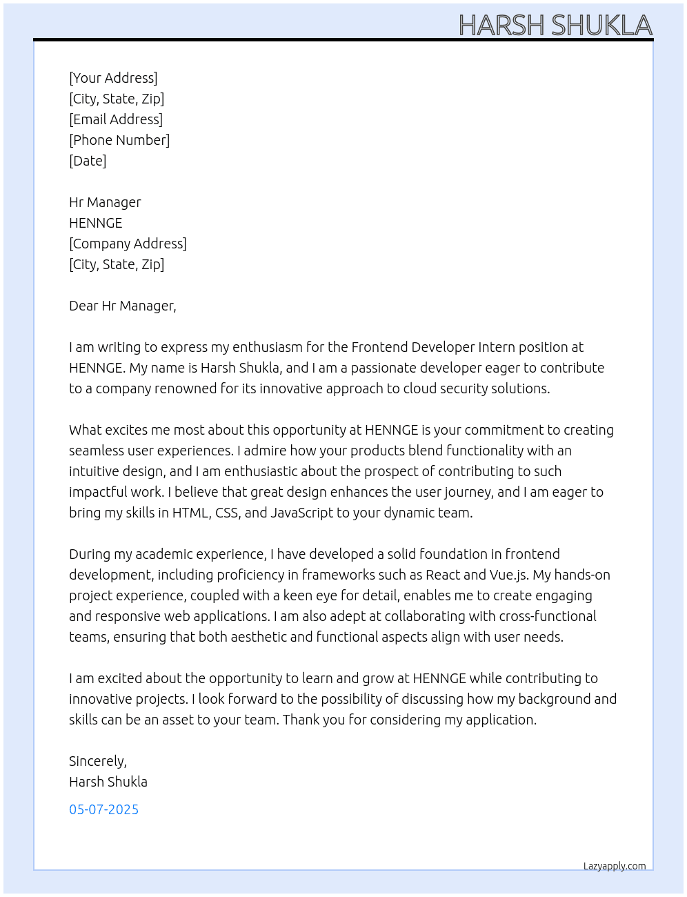 Cover letter for fronted developer intern - LazyApply