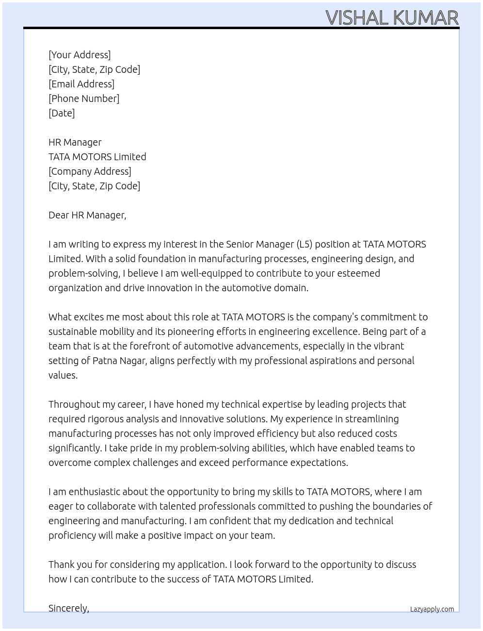 Senior manager-(L5) At TATA MOTORS Limited  Cover Letter