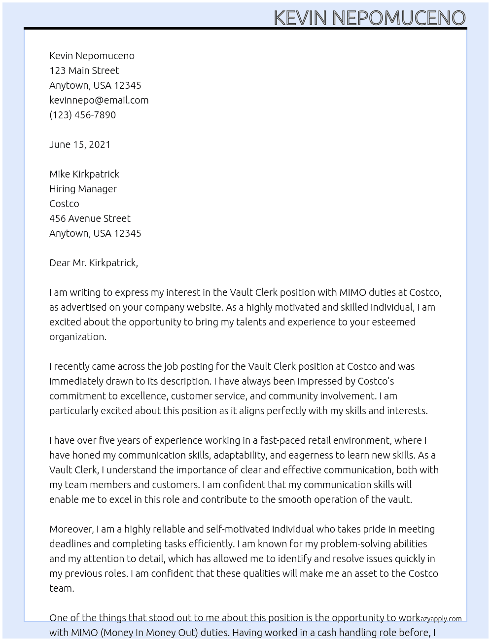 Cover letter for vault clerk with mimo duties - LazyApply