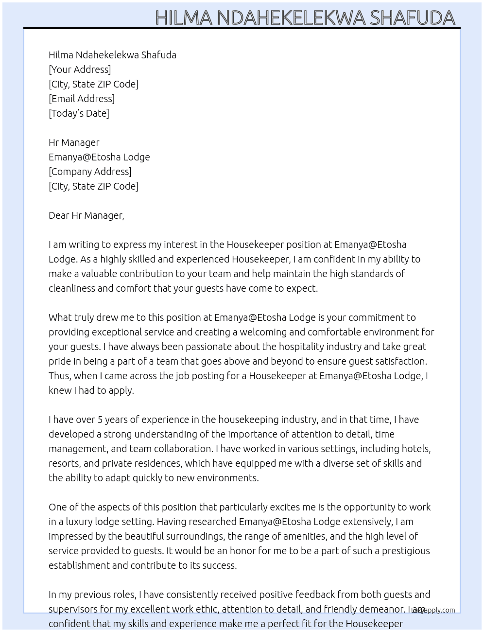 Housekeeper  At Emanya@Etosha Lodge Cover Letter