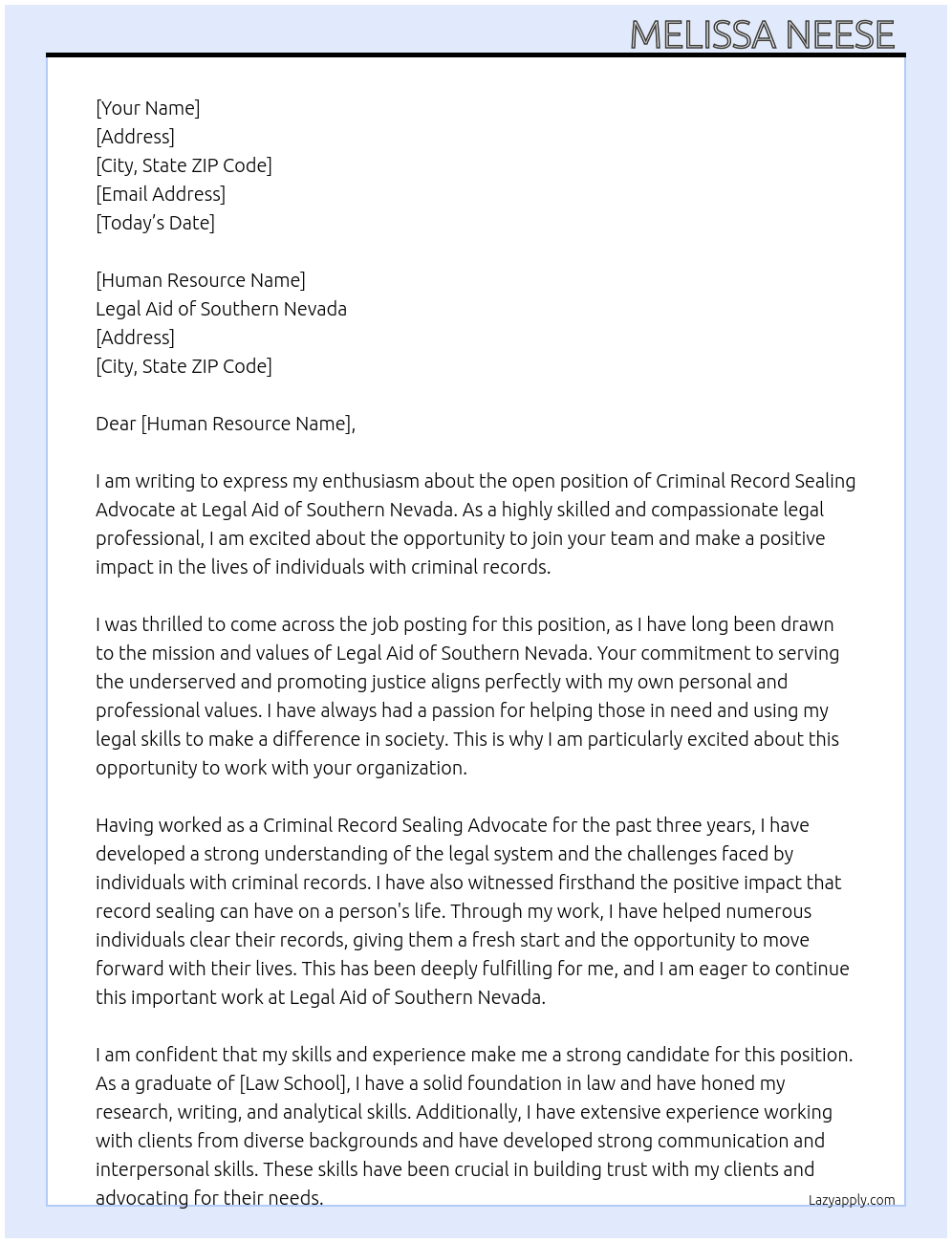 Cover letter for criminal record sealing advocate - LazyApply