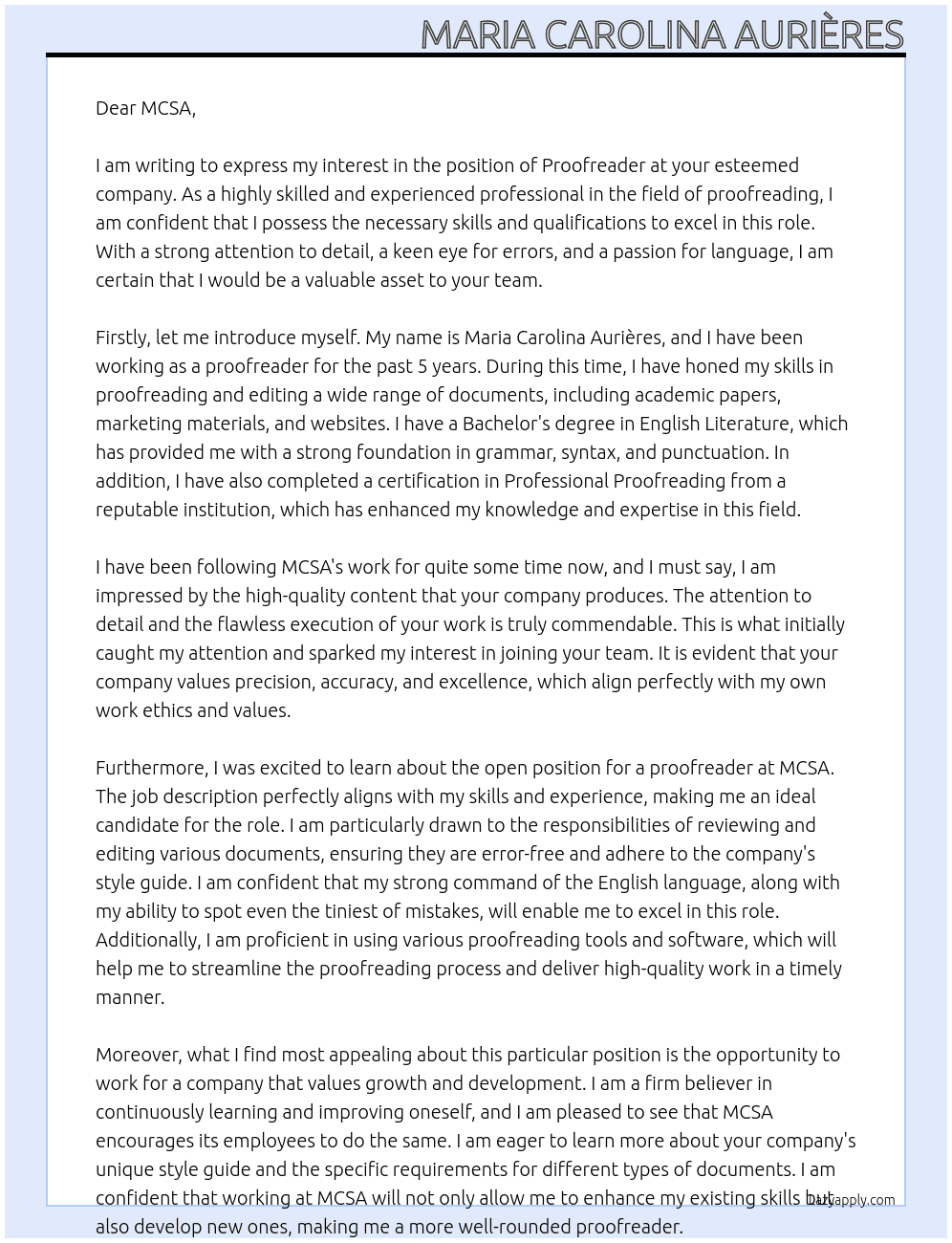 proofreader At MCSA Cover Letter