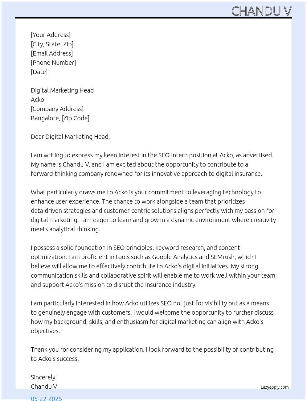 Seo intern At Acko Cover Letter
