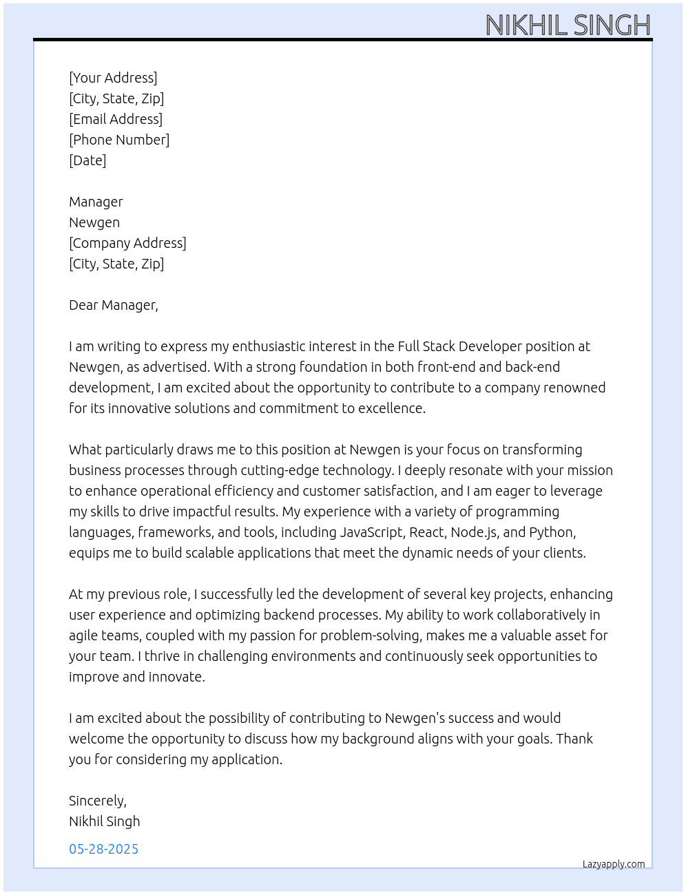 Full stack developer  At Newgen Cover Letter