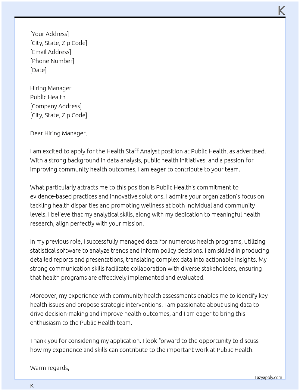 health Staff analyst At public health Cover Letter