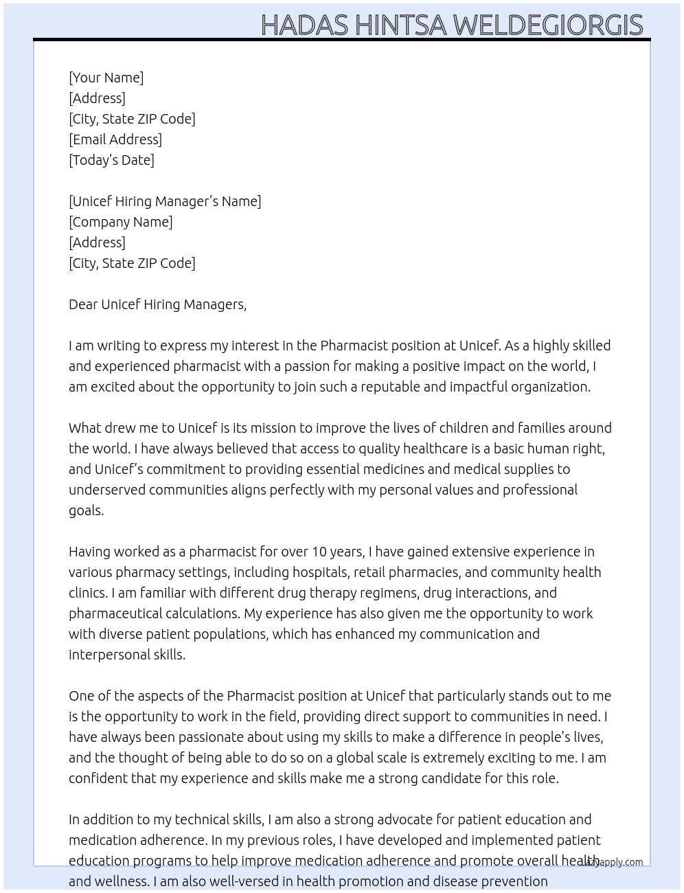 Pharmacist  At Unicef Cover Letter