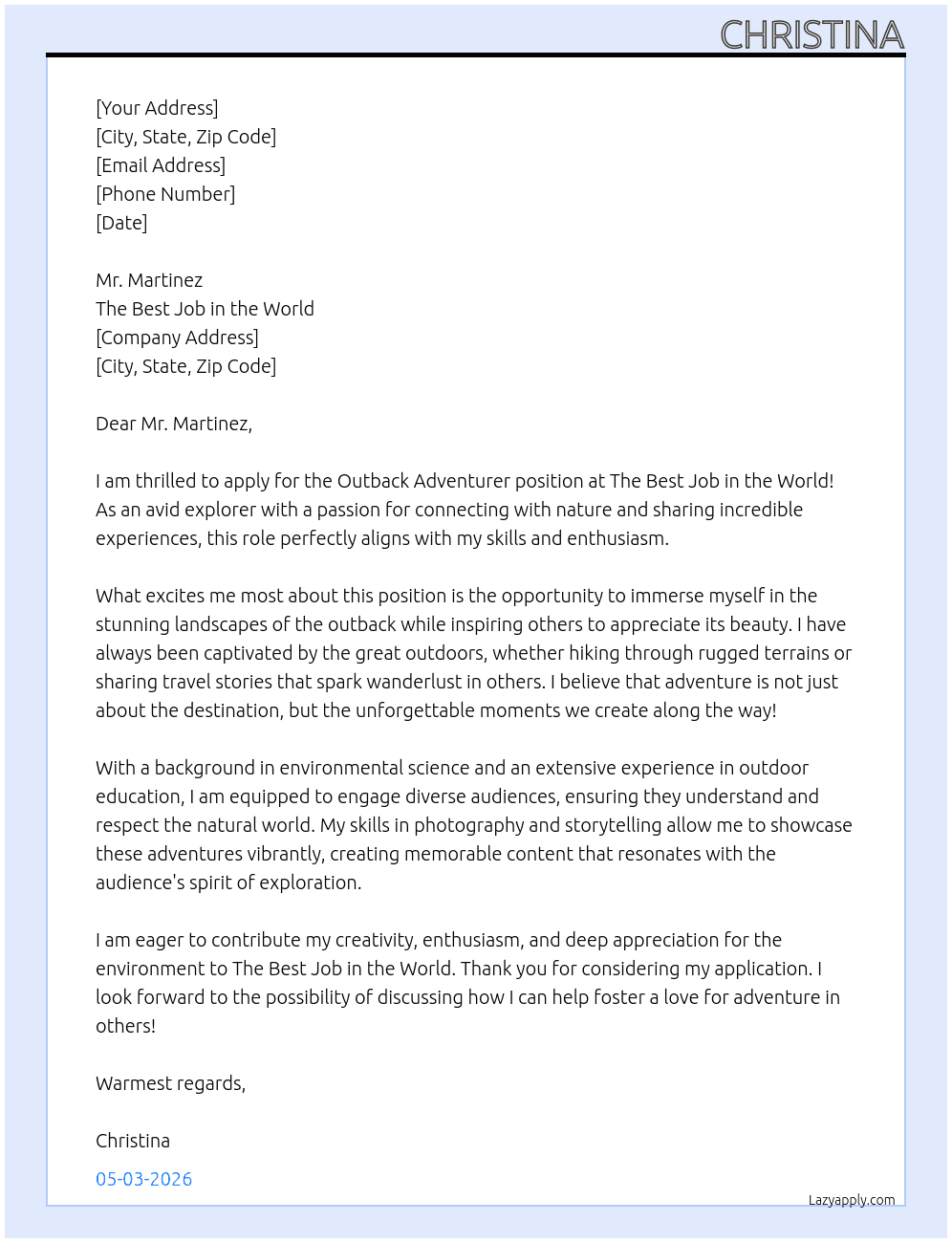 Cover letter for outback adventurer - LazyApply