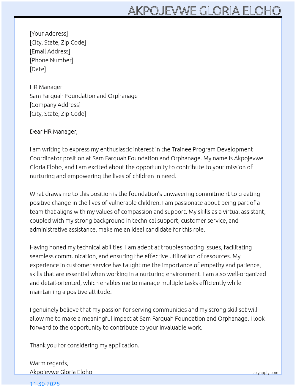 Cover letter for trainee program development coordinators - LazyApply