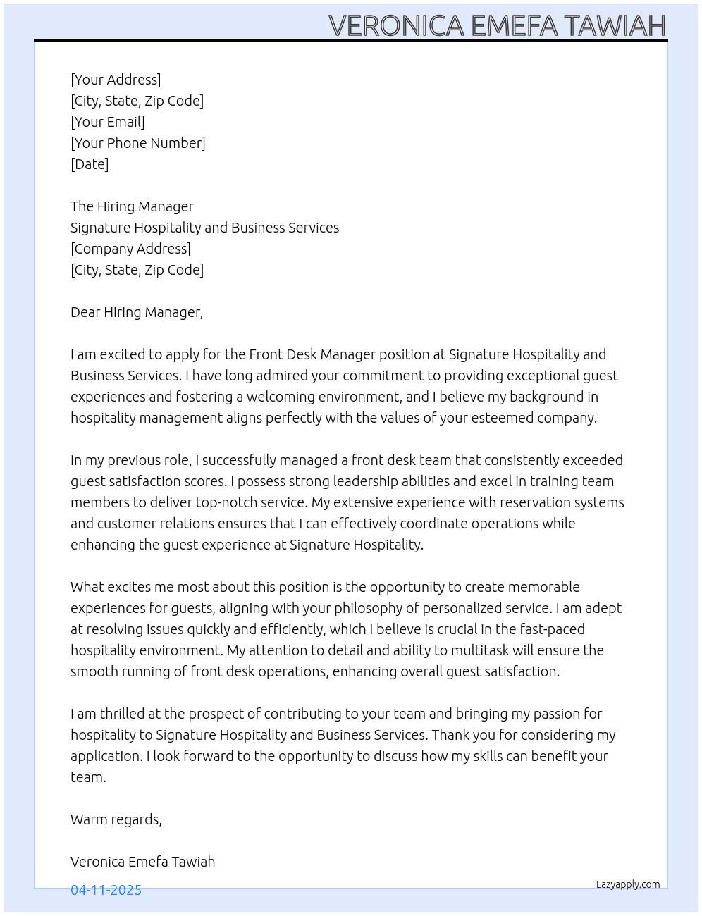 Cover letter for front desk manager - LazyApply