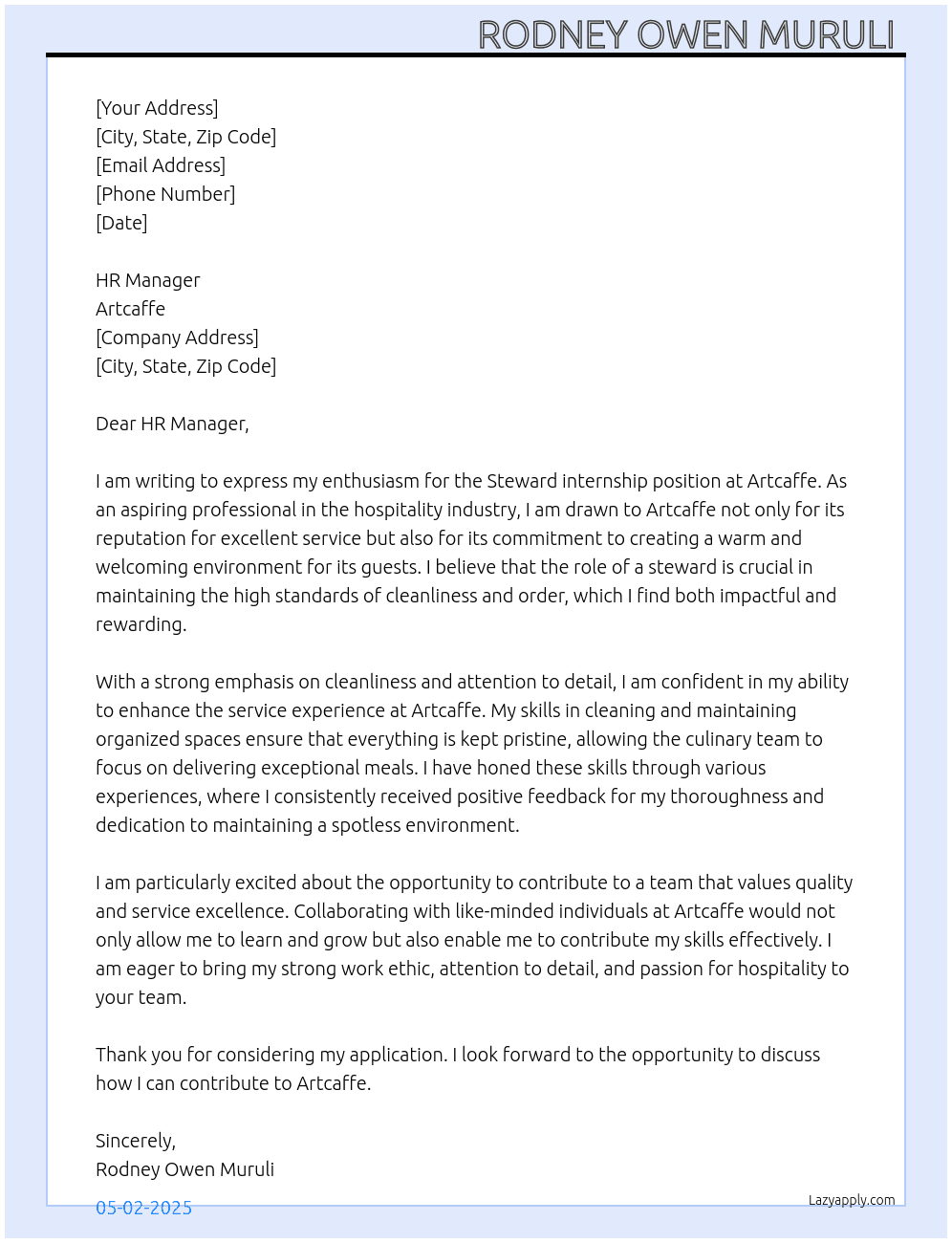 Steward  At Artcaffe Cover Letter