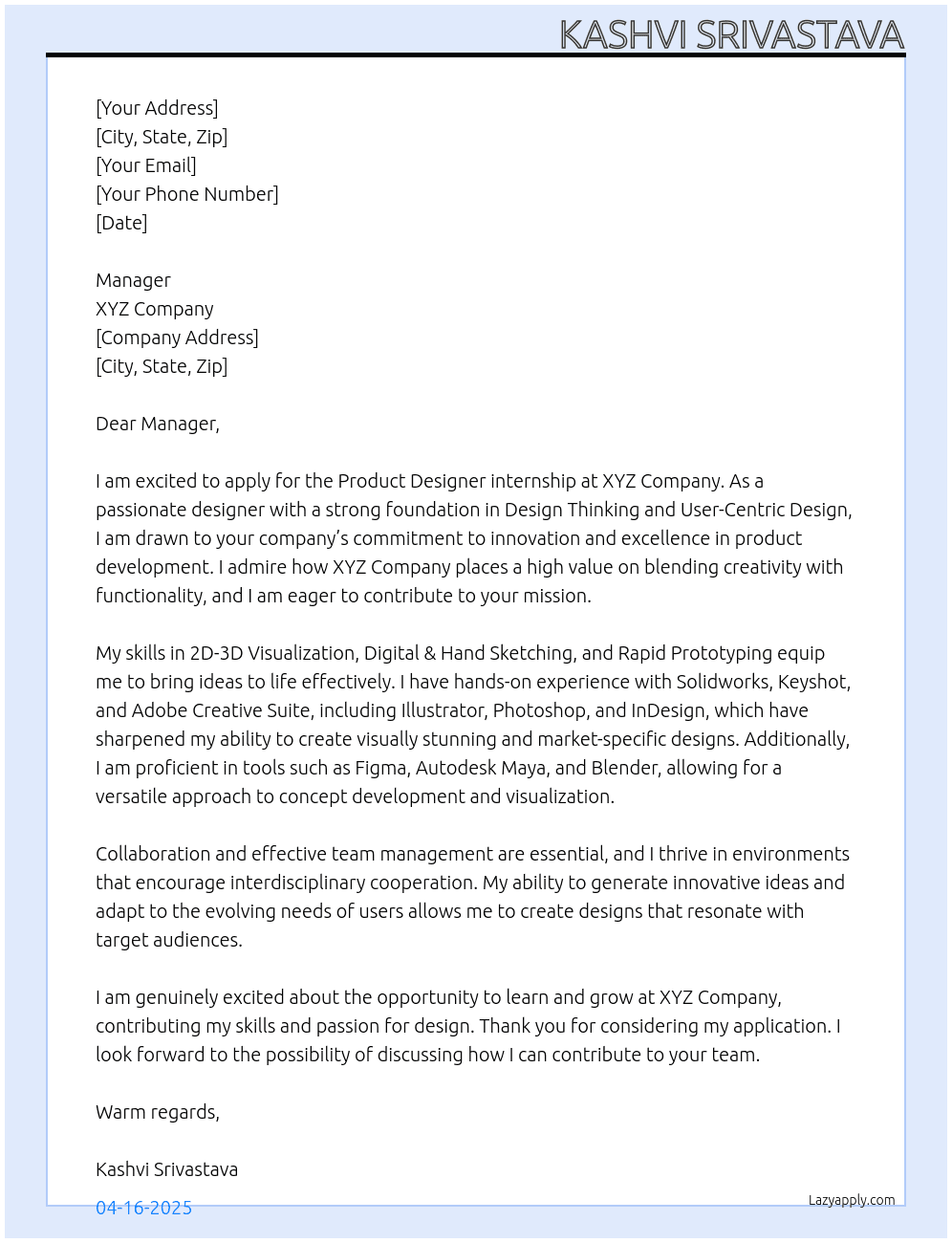 Product Designer At xyz company Cover Letter