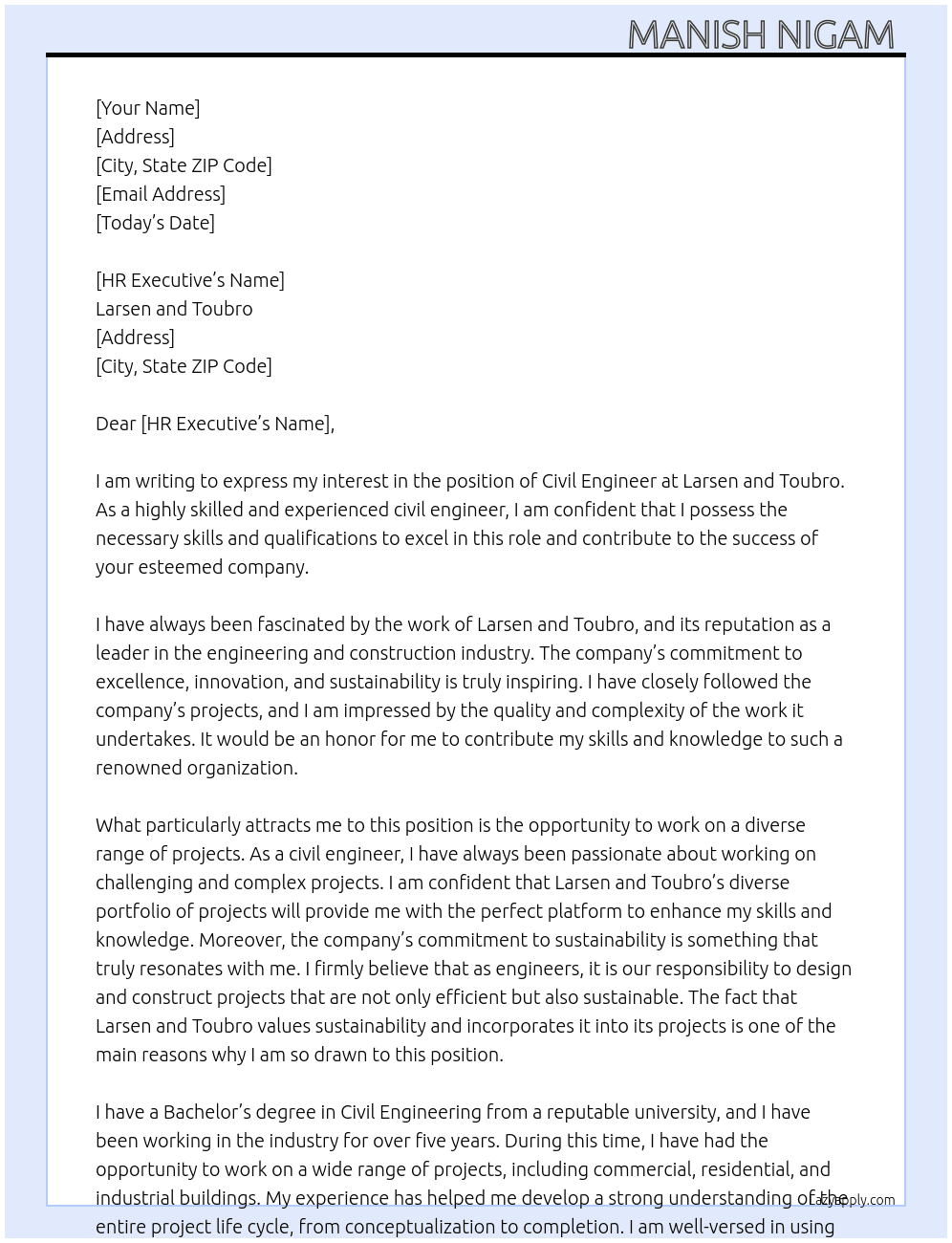 Civil Engineer  At Larsen and Toubro  Cover Letter