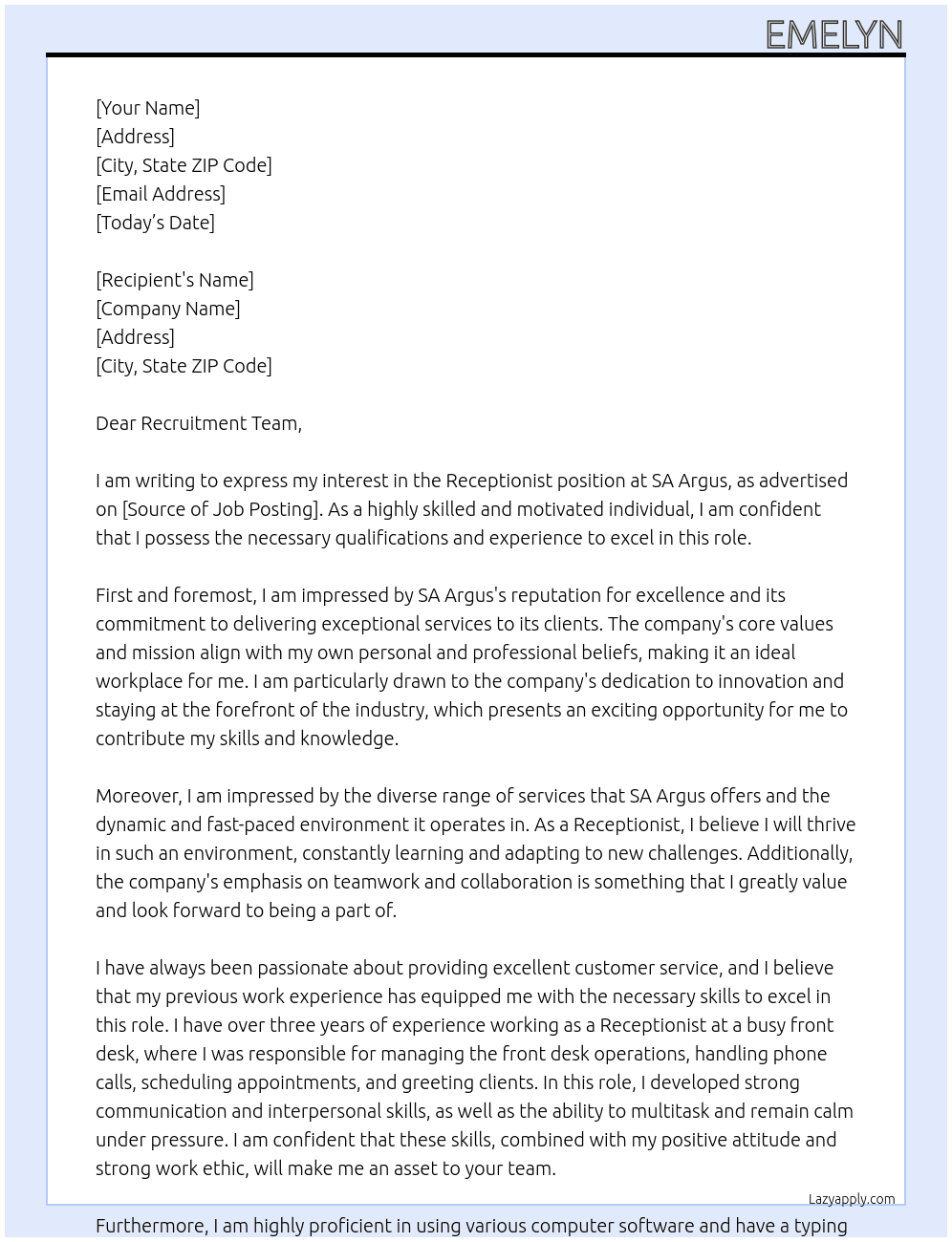 Receptionist  At SA Argus Cover Letter