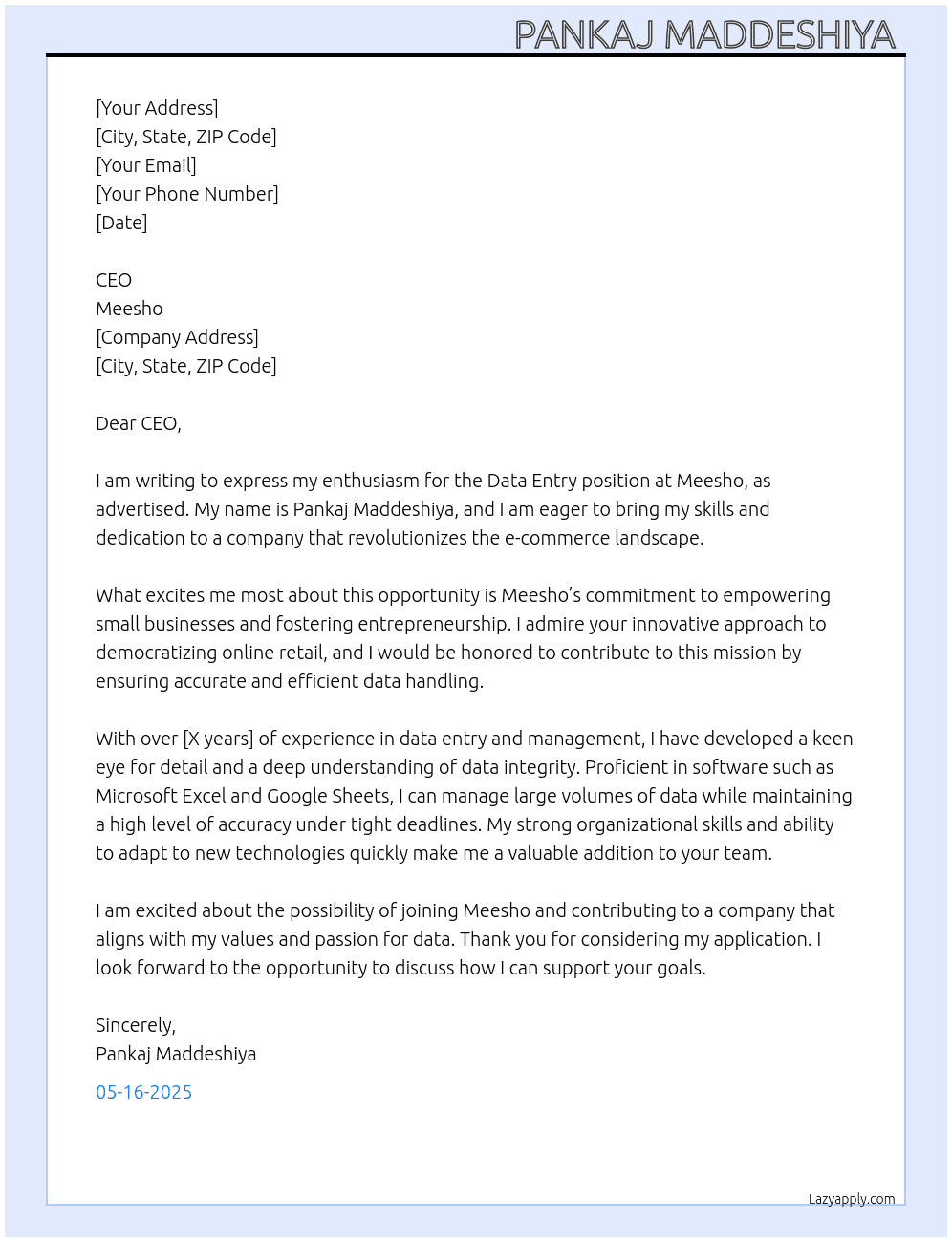 Data entry  At Meesho  Cover Letter