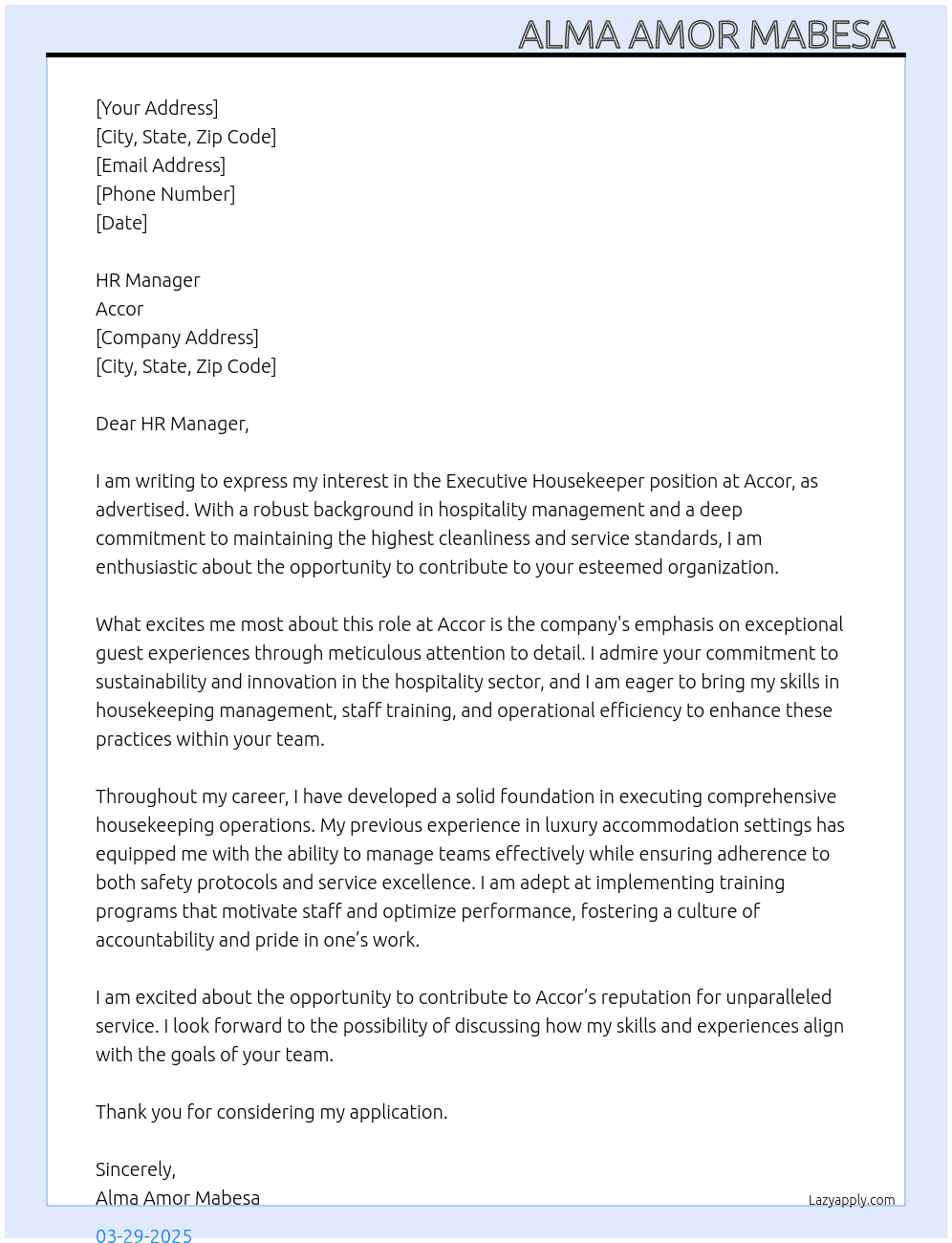 Executive Housekeeper  At Accor Cover Letter