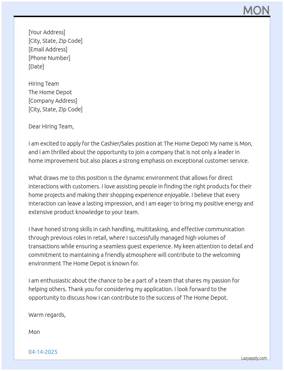 Cover letter for cashier/sales - LazyApply