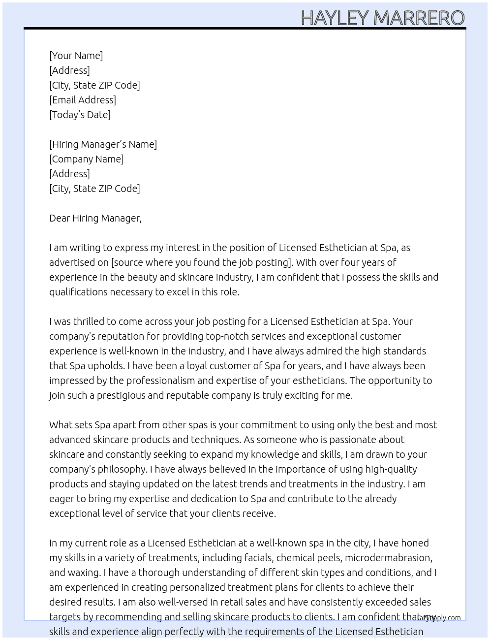 Licensed esthetician  At Spa Cover Letter