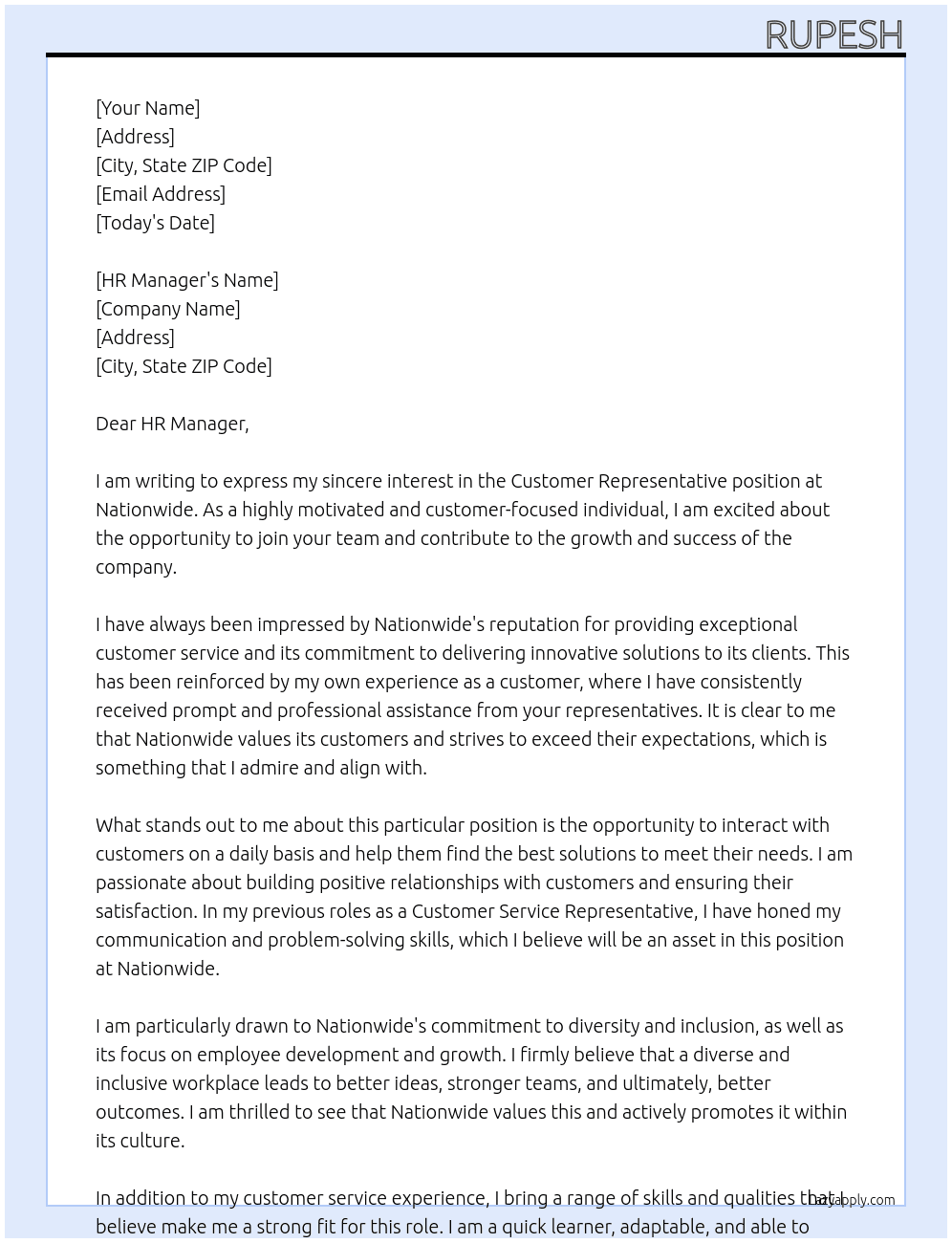 Customer Representative At Nationwide Cover Letter
