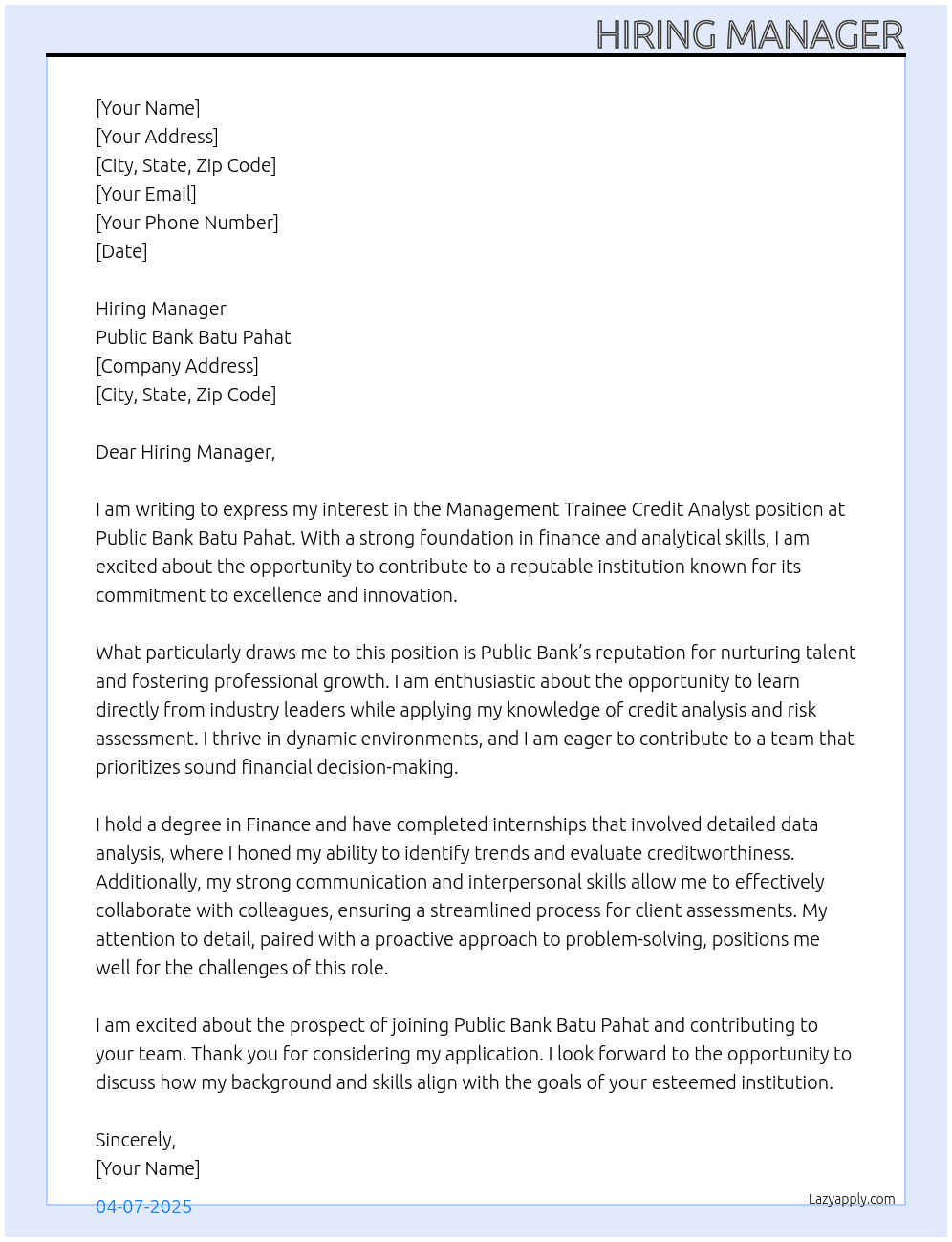 Management Trainee Credit Analyst At Public bank batu pahat Cover Letter