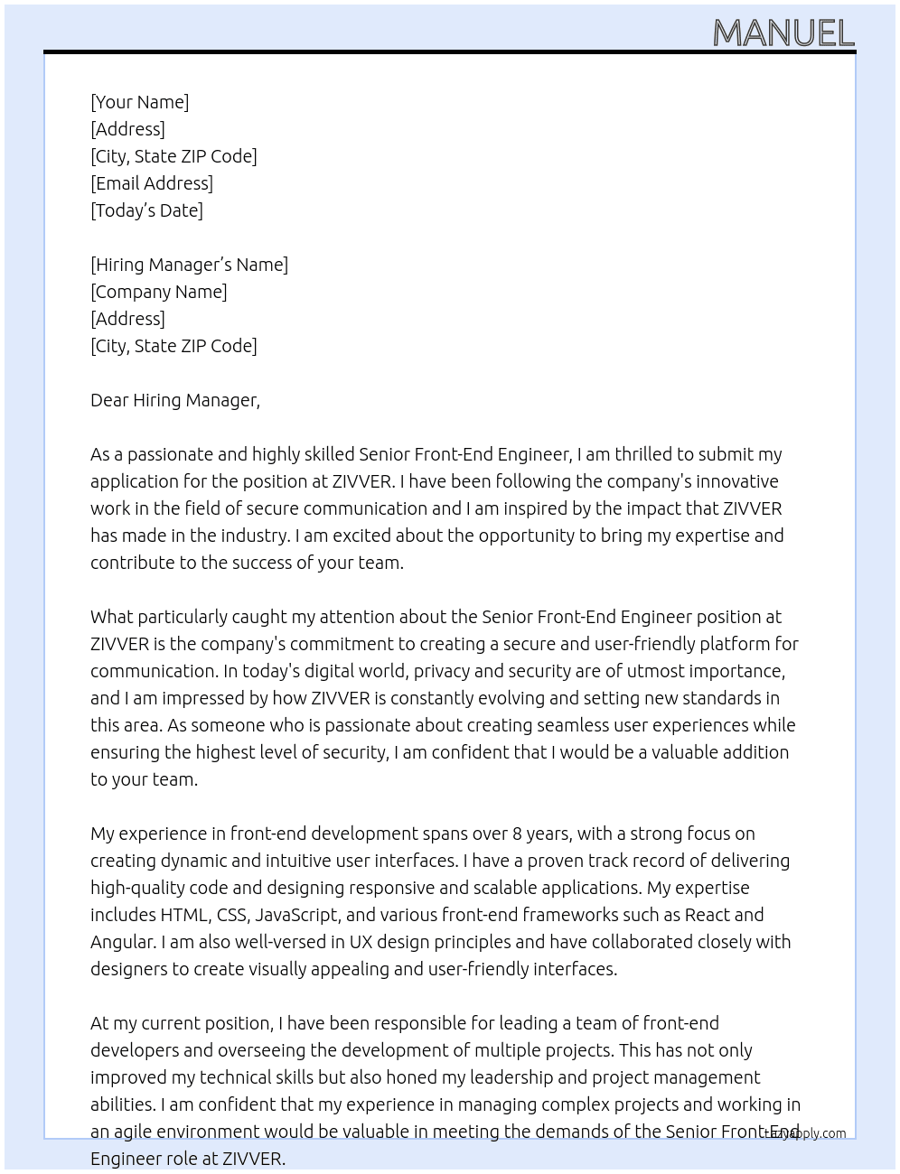 Senior Front-End Engineer At ZIVVER Cover Letter