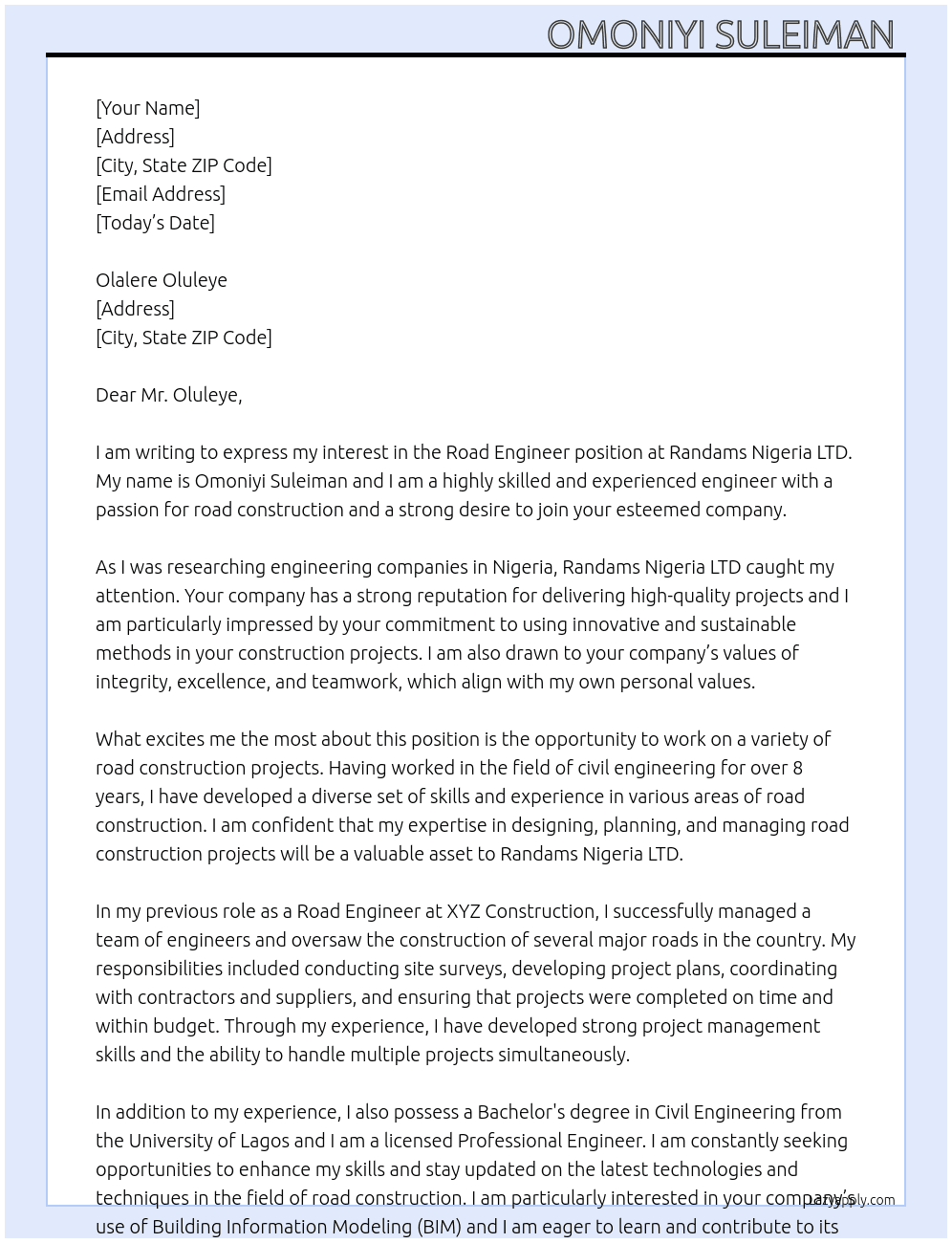 Cover letter for road engineer - LazyApply
