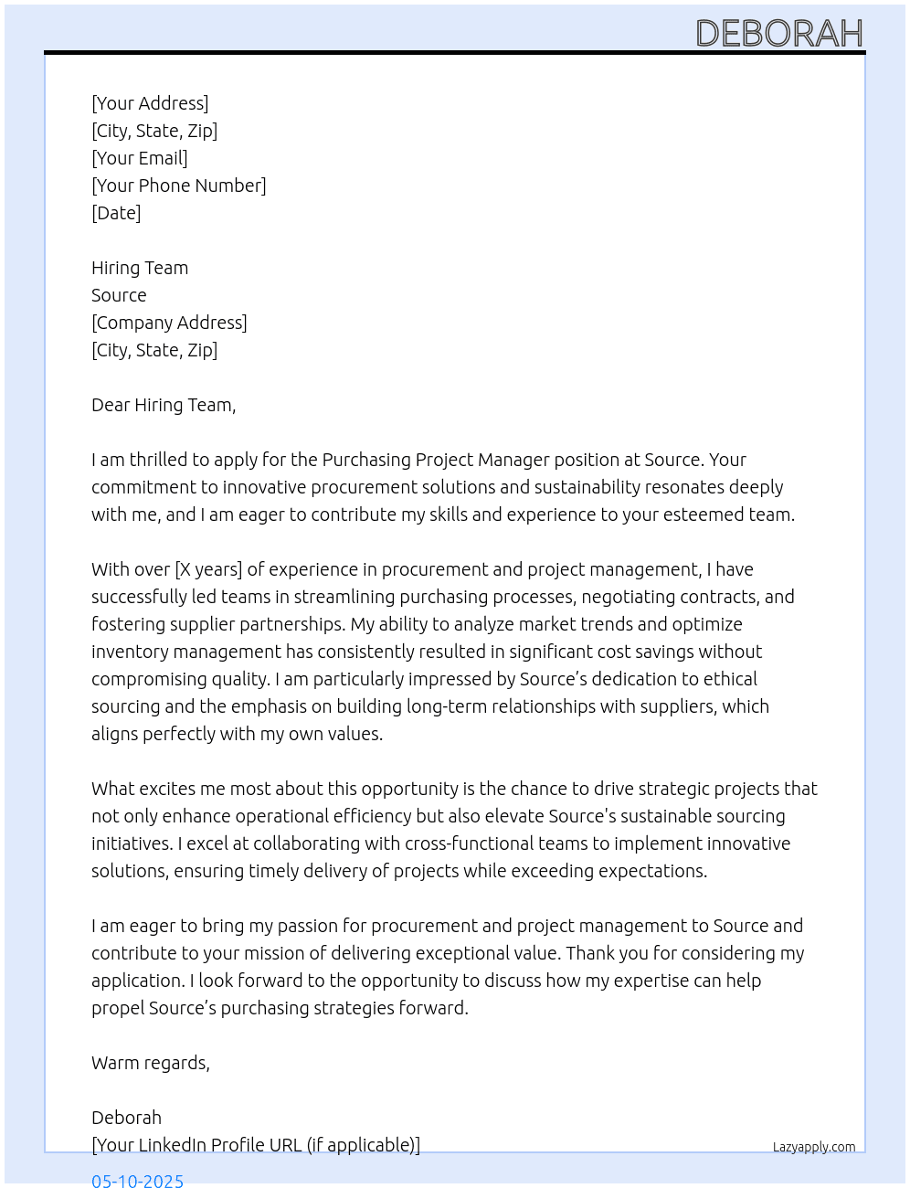 purchasing project manager At Source Cover Letter