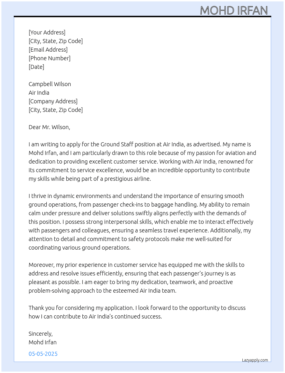 Ground staff  At Air india  Cover Letter
