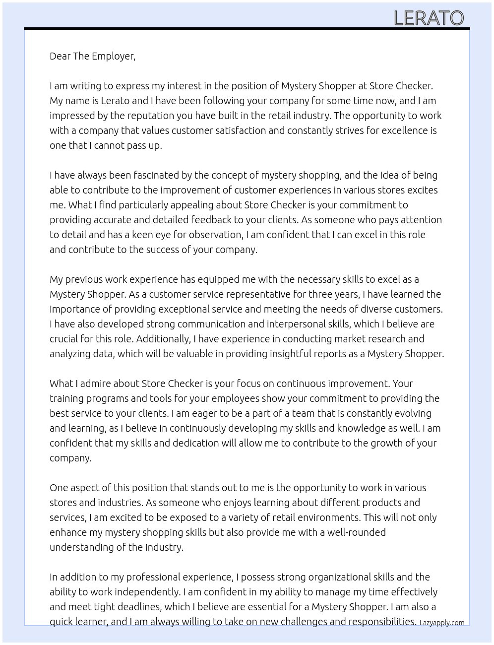 Mystery Shopper At Store checker Cover Letter
