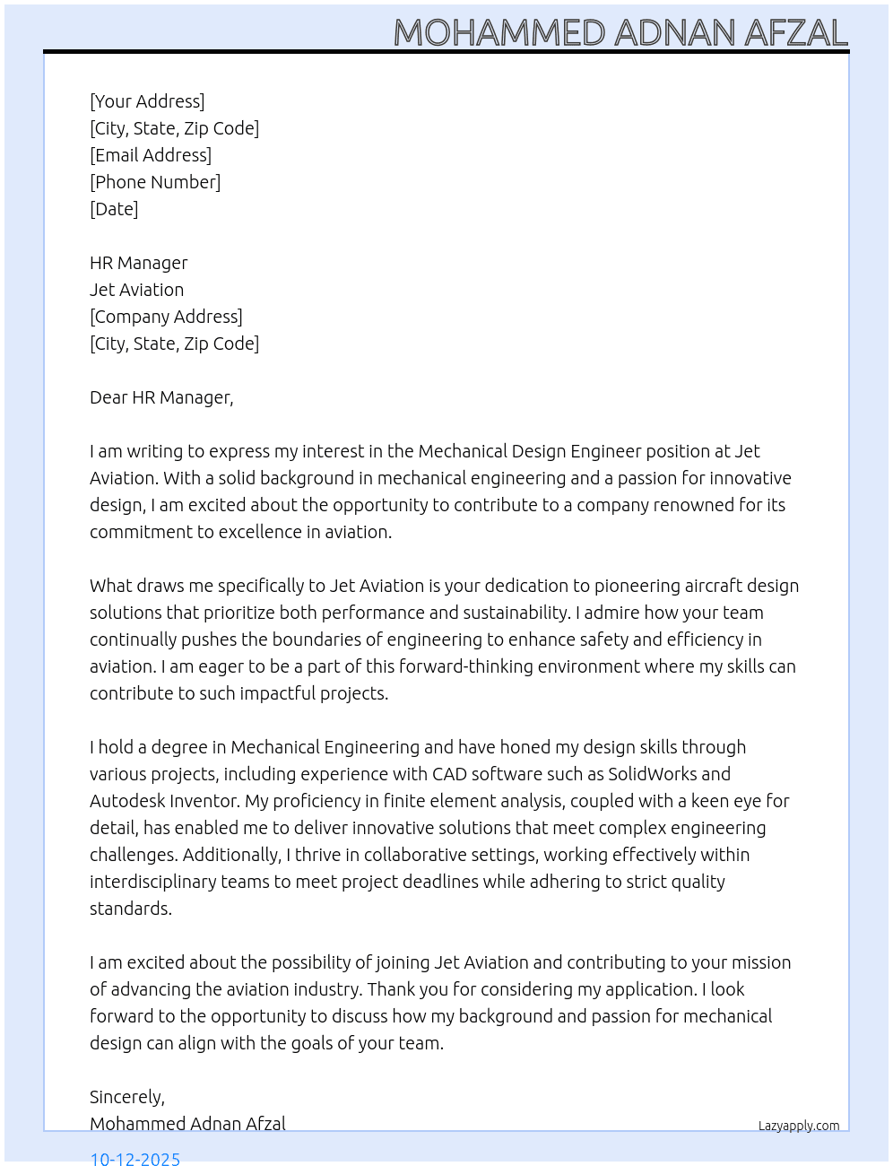Mechanical Design engineer At Jet Aviation Cover Letter
