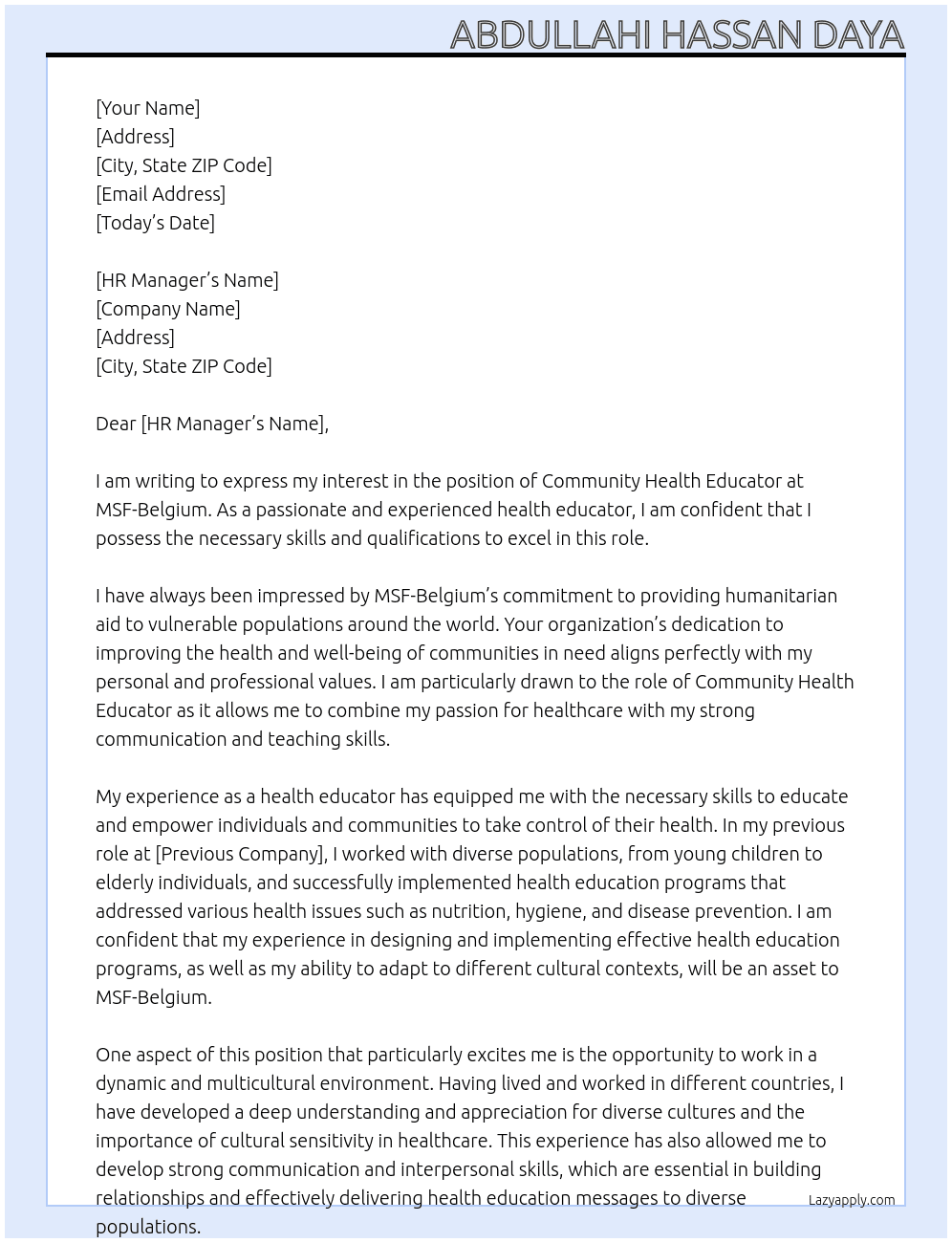 COMMUNITY HEALTH EDUCATOR At MSF-Belgium Cover Letter