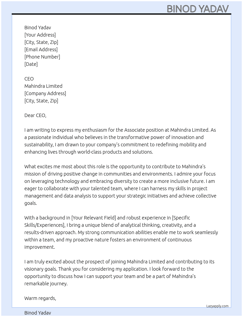 Cover letter for associate - LazyApply